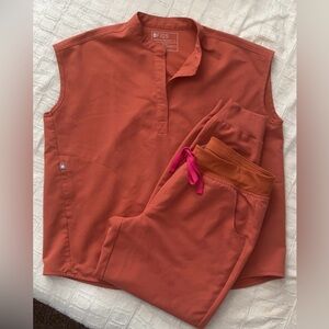 FIGS Scrubs 
Small Rafaela Top
Petite Medium Zamora Joggers
Terracotta Color